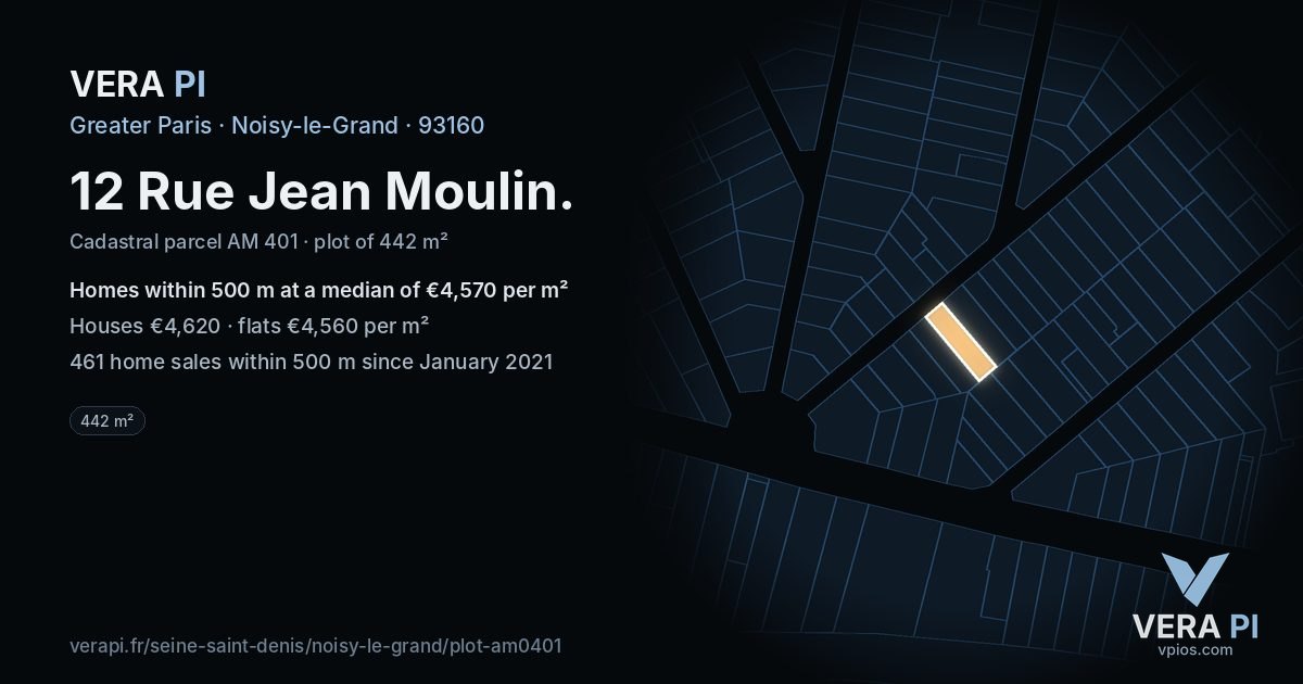 12 Rue Jean Moulin, Noisy-le-Grand at night – the plot lit, the parcels around coloured by the prices near them