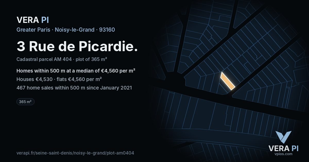3 Rue de Picardie, Noisy-le-Grand at night – the plot lit, the parcels around coloured by the prices near them