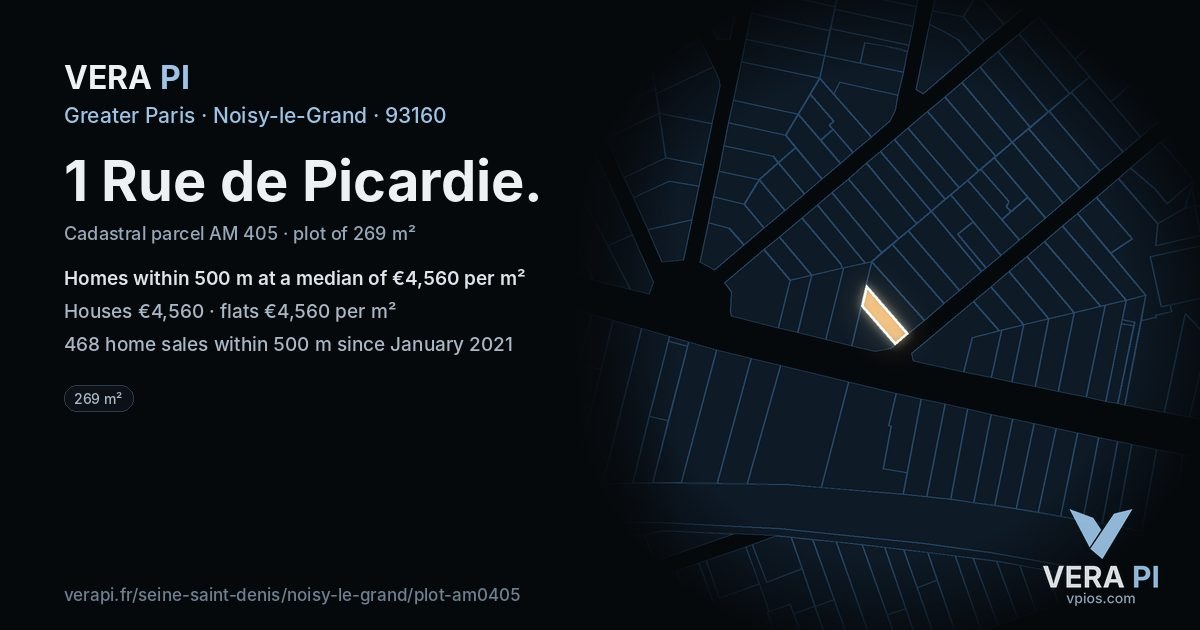 1 Rue de Picardie, Noisy-le-Grand at night – the plot lit, the parcels around coloured by the prices near them