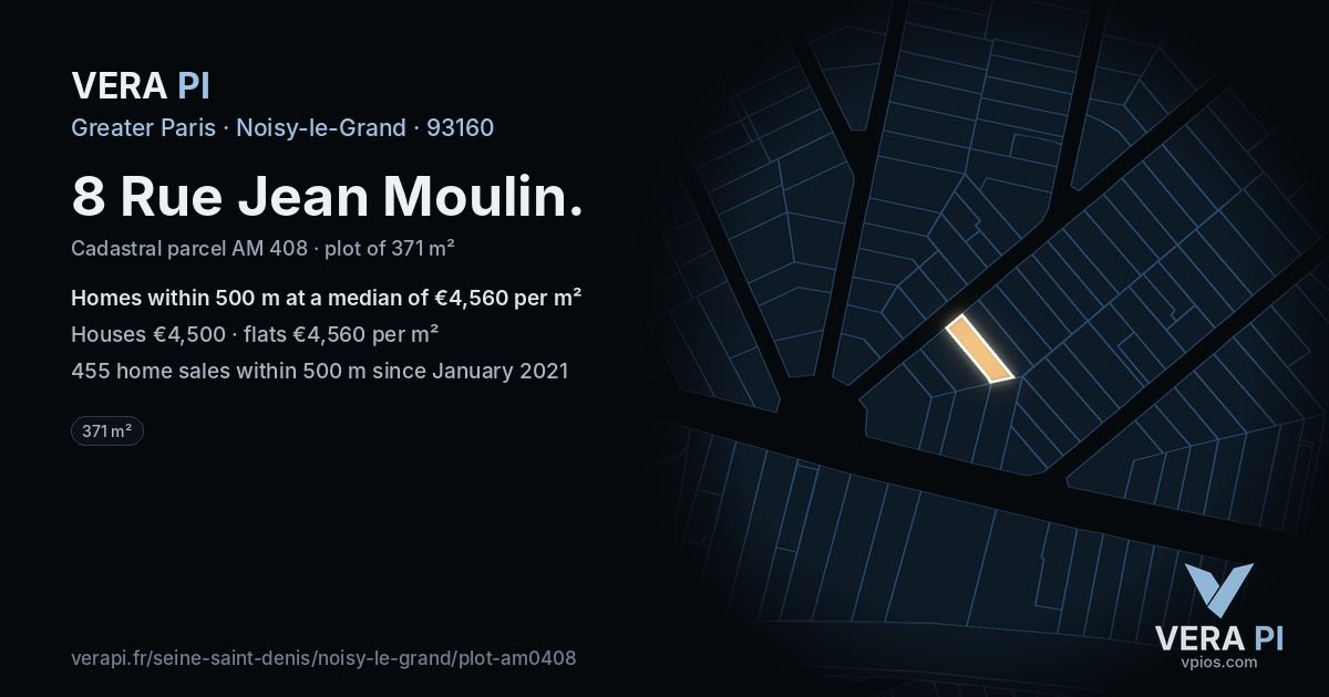 8 Rue Jean Moulin, Noisy-le-Grand at night – the plot lit, the parcels around coloured by the prices near them