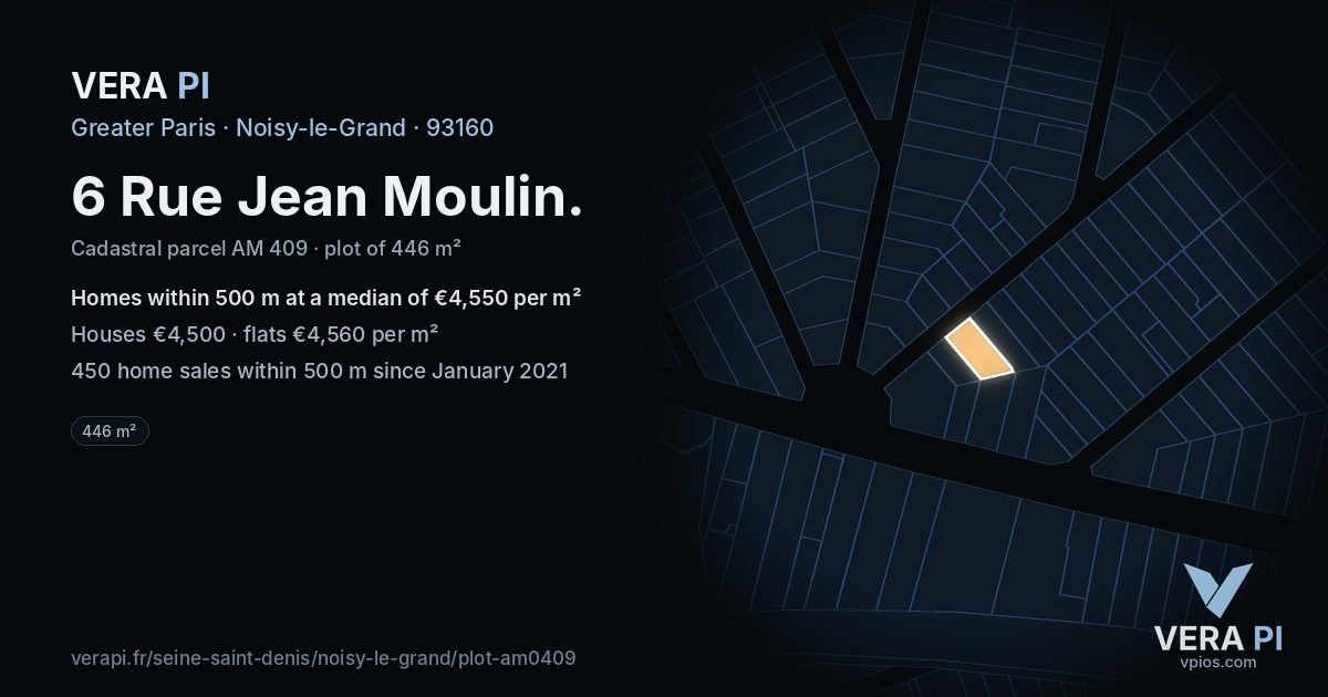 6 Rue Jean Moulin, Noisy-le-Grand at night – the plot lit, the parcels around coloured by the prices near them