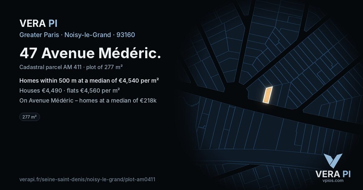 47 Avenue Médéric, Noisy-le-Grand at night – the plot lit, the parcels around coloured by the prices near them