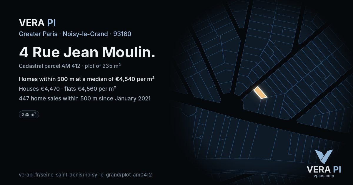 4 Rue Jean Moulin, Noisy-le-Grand at night – the plot lit, the parcels around coloured by the prices near them