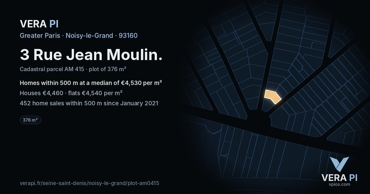 3 Rue Jean Moulin, Noisy-le-Grand at night – the plot lit, the parcels around coloured by the prices near them