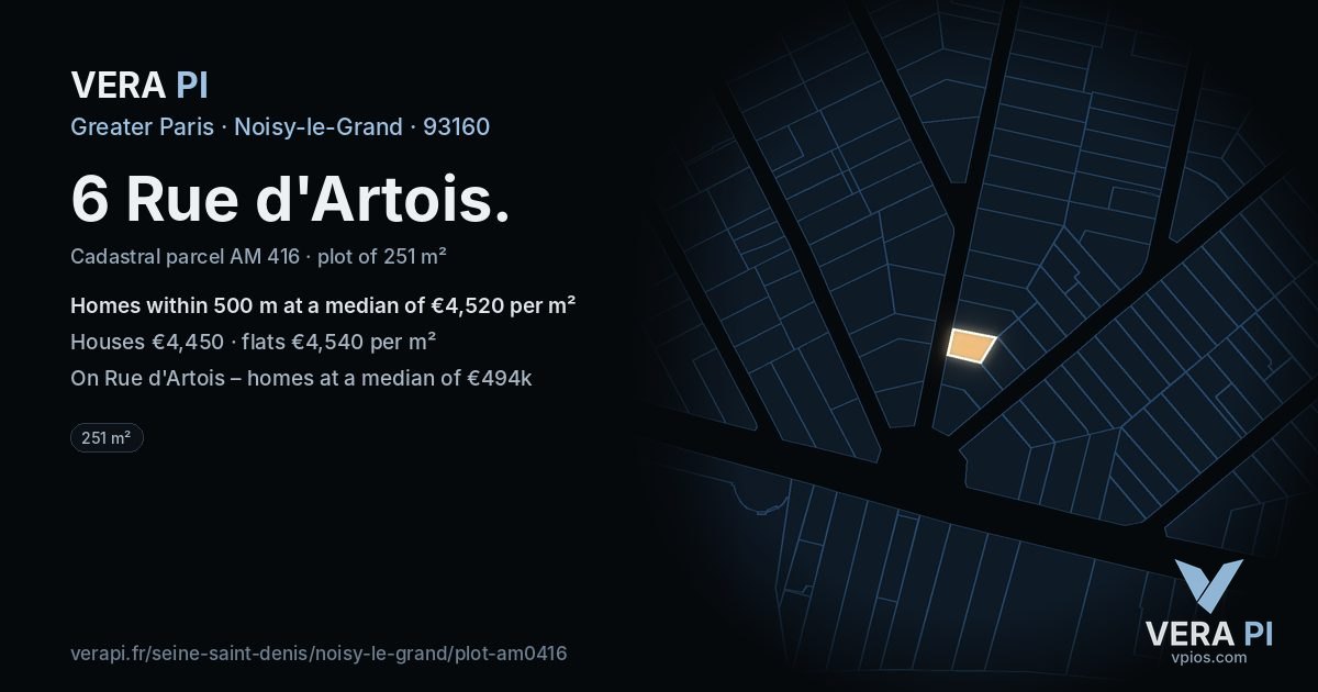 6 Rue d'Artois, Noisy-le-Grand at night – the plot lit, the parcels around coloured by the prices near them