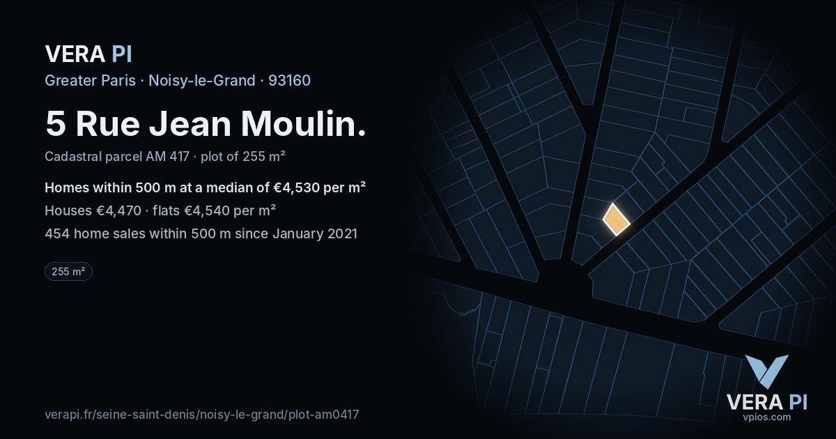 5 Rue Jean Moulin, Noisy-le-Grand at night – the plot lit, the parcels around coloured by the prices near them