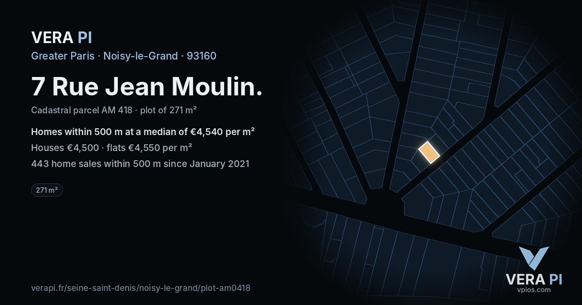 7 Rue Jean Moulin, Noisy-le-Grand at night – the plot lit, the parcels around coloured by the prices near them