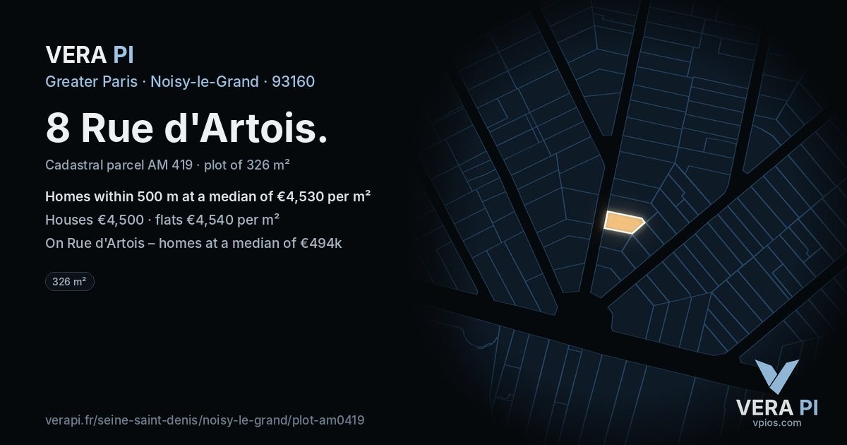 8 Rue d'Artois, Noisy-le-Grand at night – the plot lit, the parcels around coloured by the prices near them