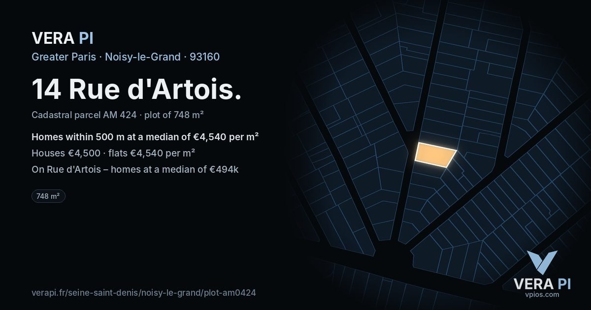 14 Rue d'Artois, Noisy-le-Grand at night – the plot lit, the parcels around coloured by the prices near them