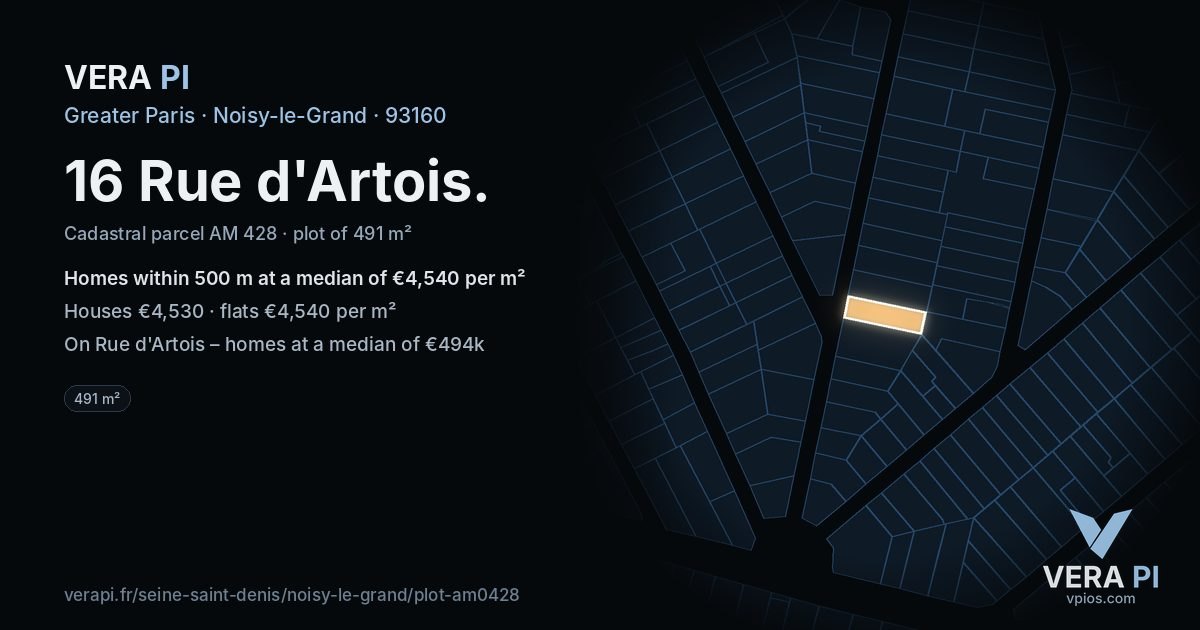 16 Rue d'Artois, Noisy-le-Grand at night – the plot lit, the parcels around coloured by the prices near them