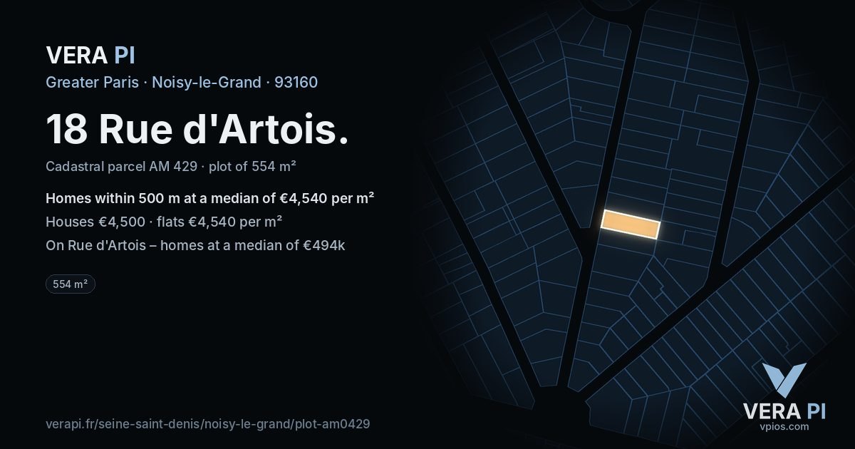 18 Rue d'Artois, Noisy-le-Grand at night – the plot lit, the parcels around coloured by the prices near them
