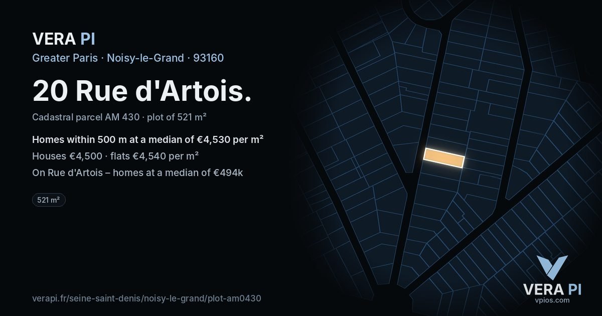 20 Rue d'Artois, Noisy-le-Grand at night – the plot lit, the parcels around coloured by the prices near them