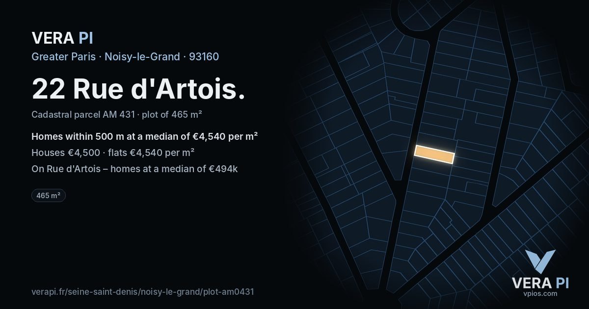 22 Rue d'Artois, Noisy-le-Grand at night – the plot lit, the parcels around coloured by the prices near them