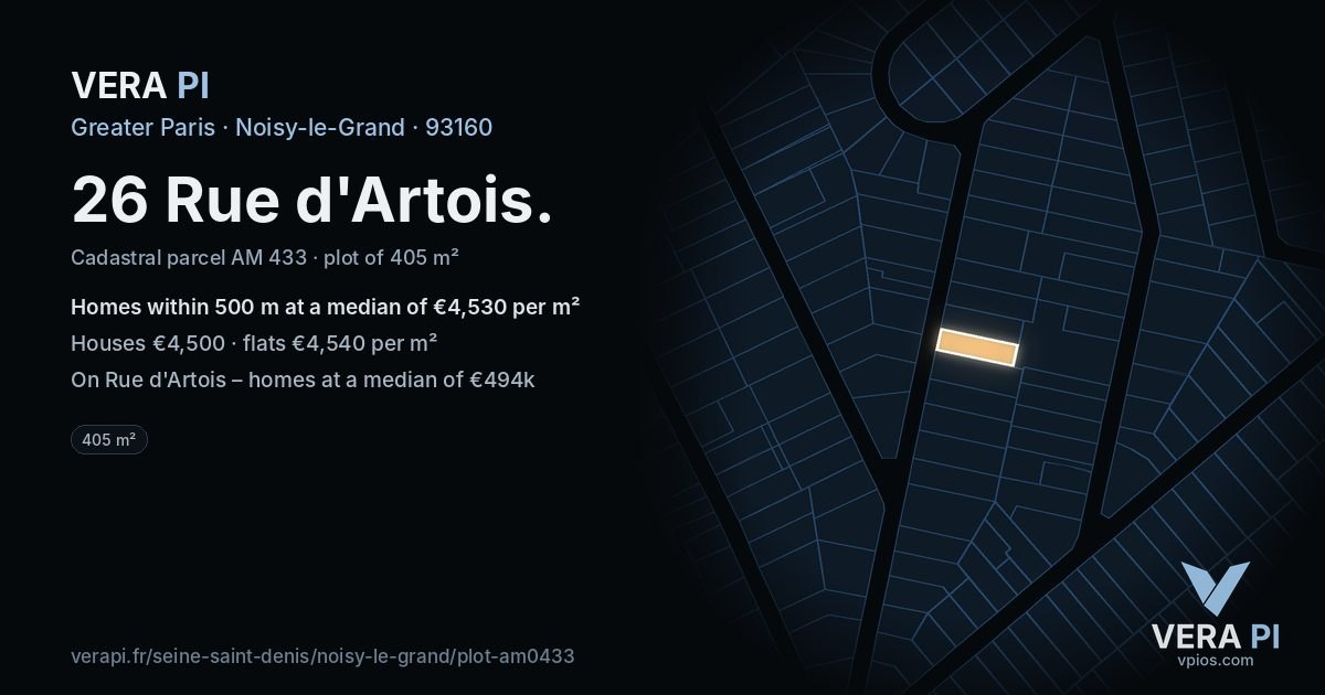 26 Rue d'Artois, Noisy-le-Grand at night – the plot lit, the parcels around coloured by the prices near them