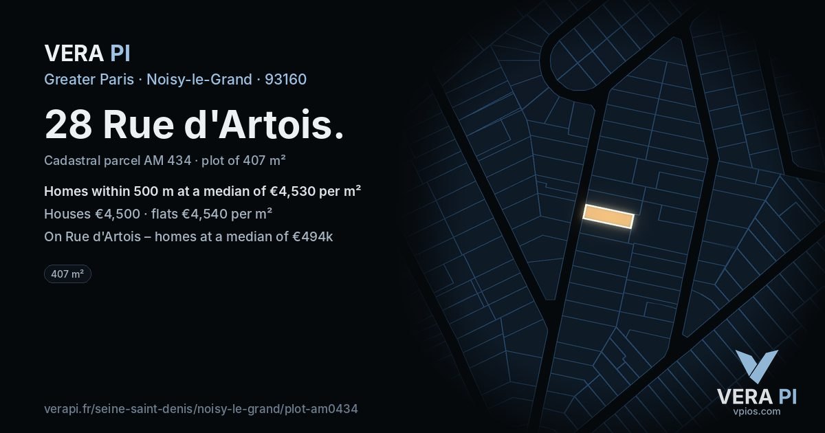 28 Rue d'Artois, Noisy-le-Grand at night – the plot lit, the parcels around coloured by the prices near them