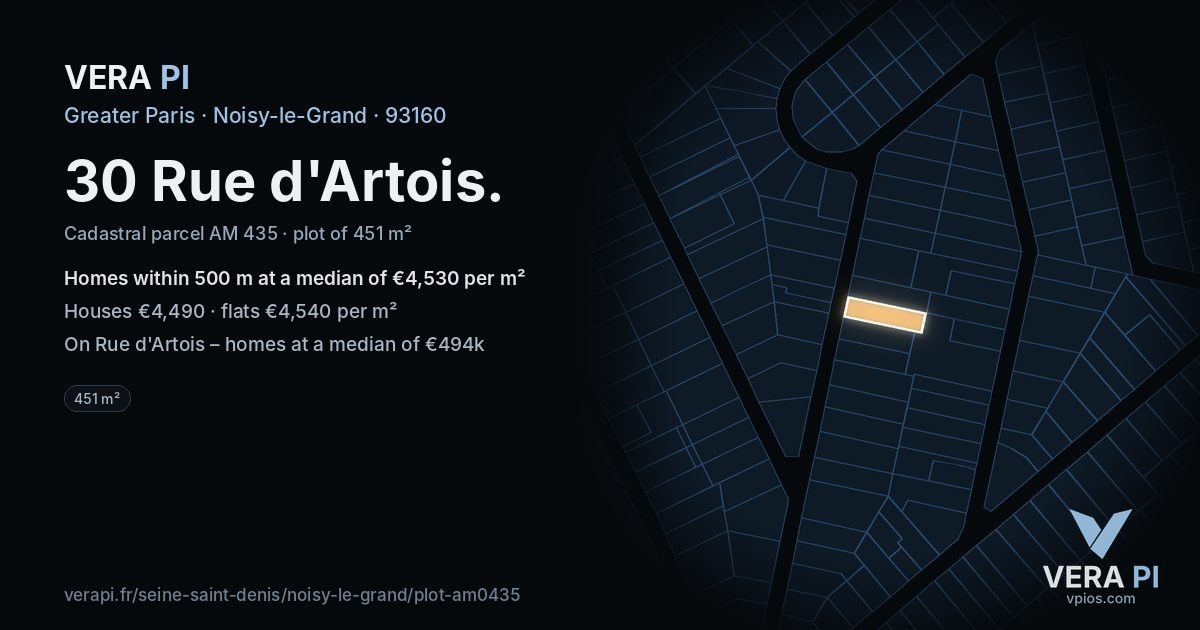 30 Rue d'Artois, Noisy-le-Grand at night – the plot lit, the parcels around coloured by the prices near them