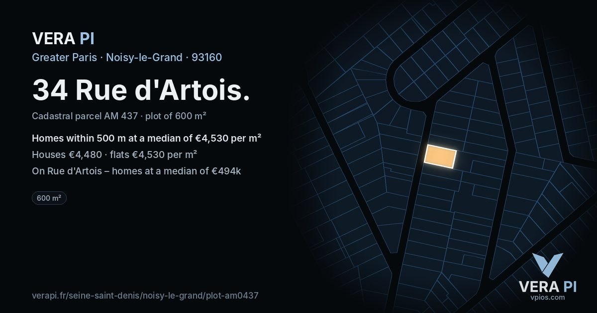 34 Rue d'Artois, Noisy-le-Grand at night – the plot lit, the parcels around coloured by the prices near them