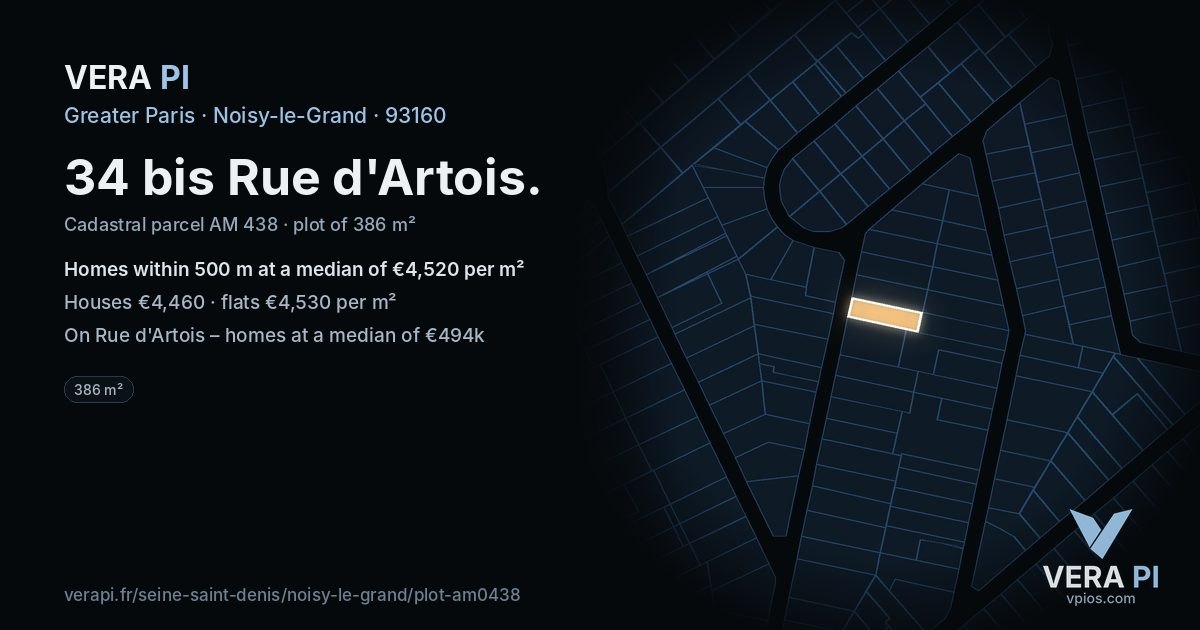 34 bis Rue d'Artois, Noisy-le-Grand at night – the plot lit, the parcels around coloured by the prices near them