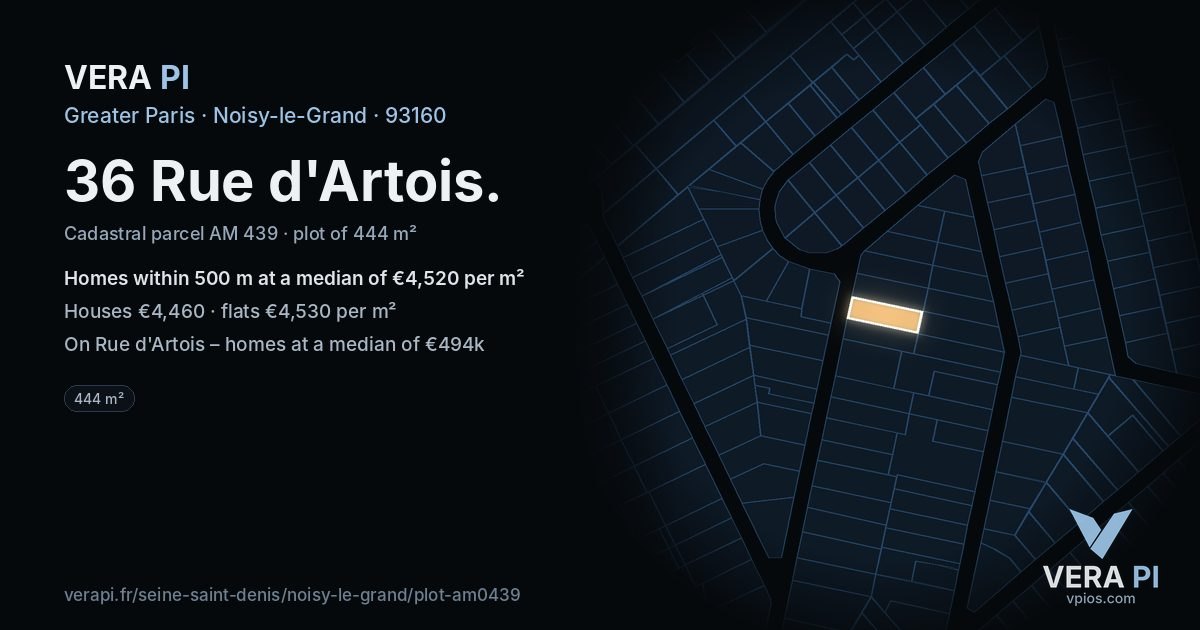 36 Rue d'Artois, Noisy-le-Grand at night – the plot lit, the parcels around coloured by the prices near them