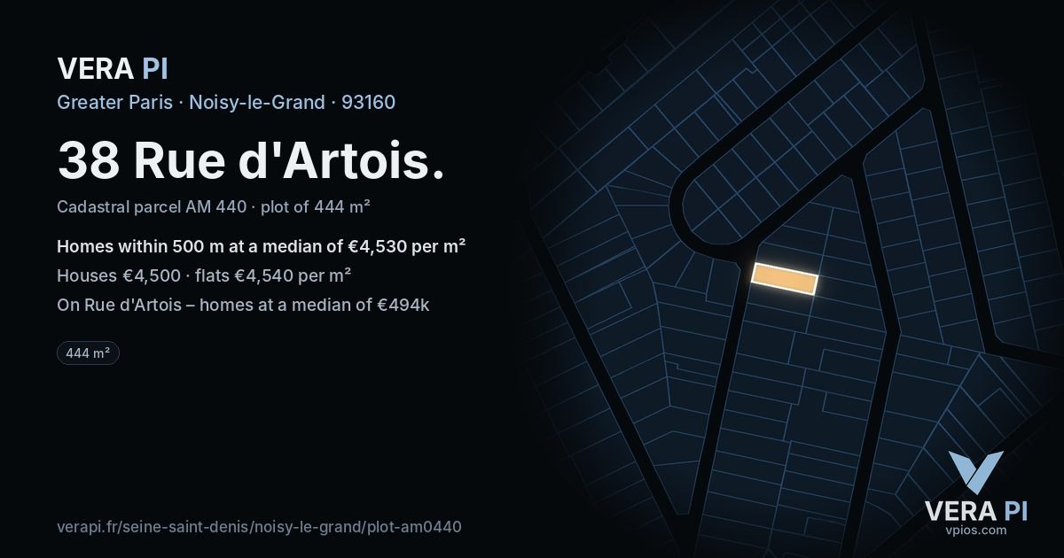 38 Rue d'Artois, Noisy-le-Grand at night – the plot lit, the parcels around coloured by the prices near them