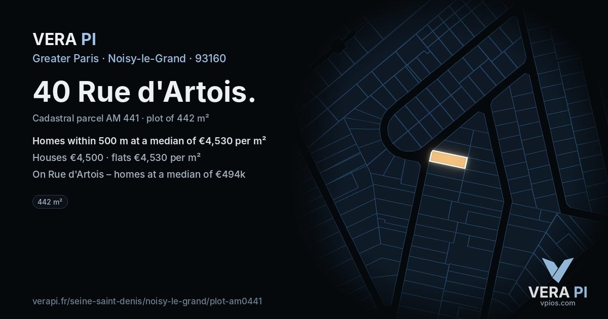 40 Rue d'Artois, Noisy-le-Grand at night – the plot lit, the parcels around coloured by the prices near them