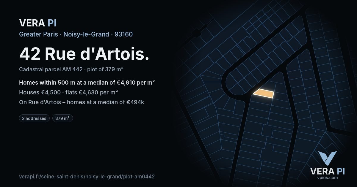42 Rue d'Artois, Noisy-le-Grand at night – the plot lit, the parcels around coloured by the prices near them