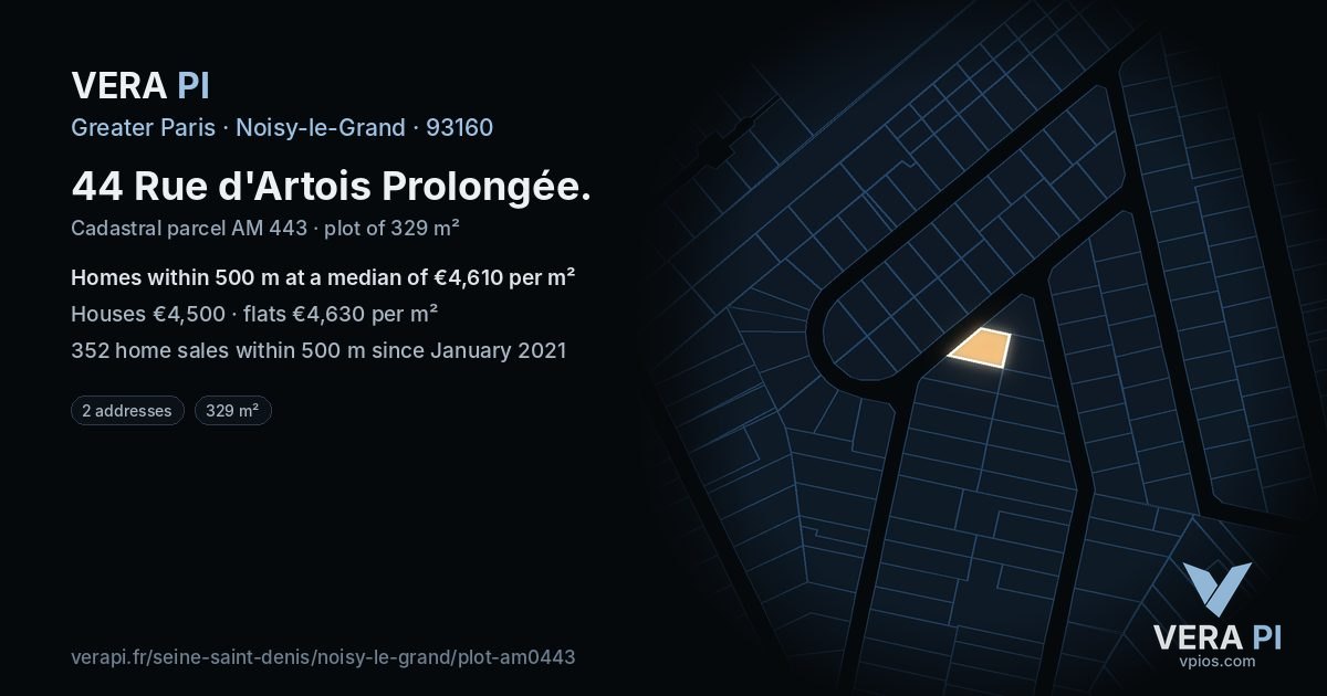 44 Rue d'Artois Prolongée, Noisy-le-Grand at night – the plot lit, the parcels around coloured by the prices near them