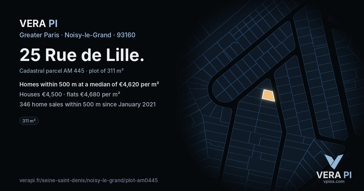 25 Rue de Lille, Noisy-le-Grand at night – the plot lit, the parcels around coloured by the prices near them