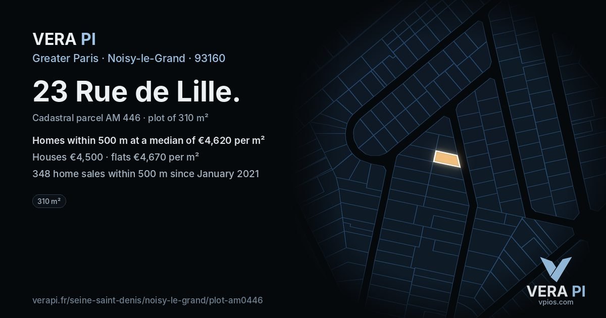 23 Rue de Lille, Noisy-le-Grand at night – the plot lit, the parcels around coloured by the prices near them