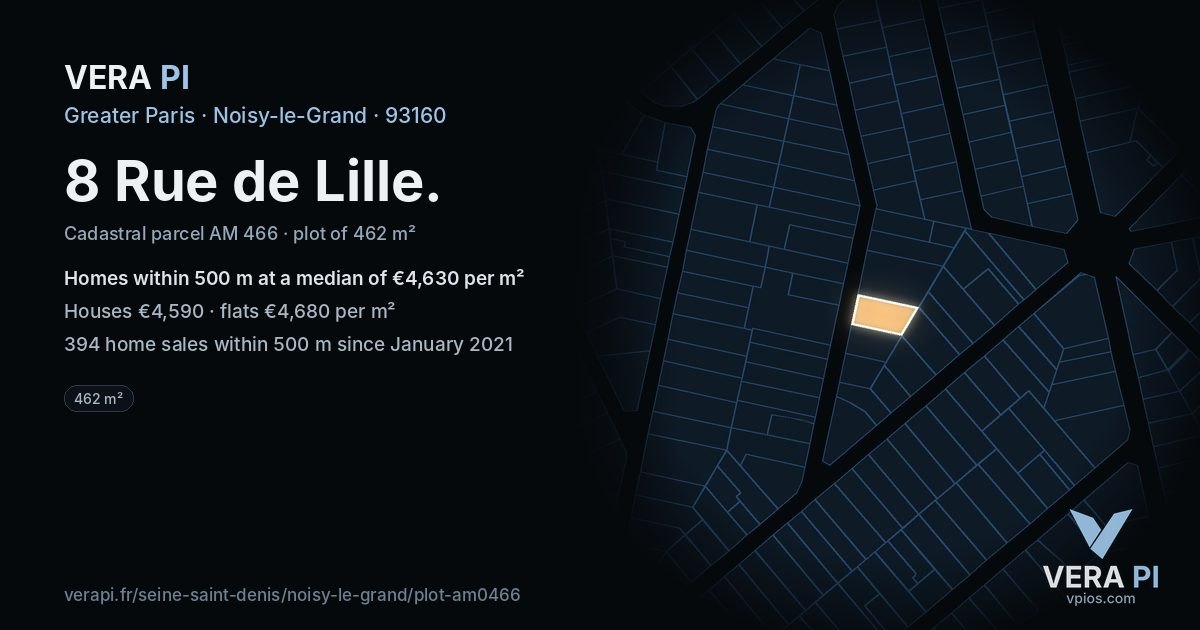 8 Rue de Lille, Noisy-le-Grand at night – the plot lit, the parcels around coloured by the prices near them