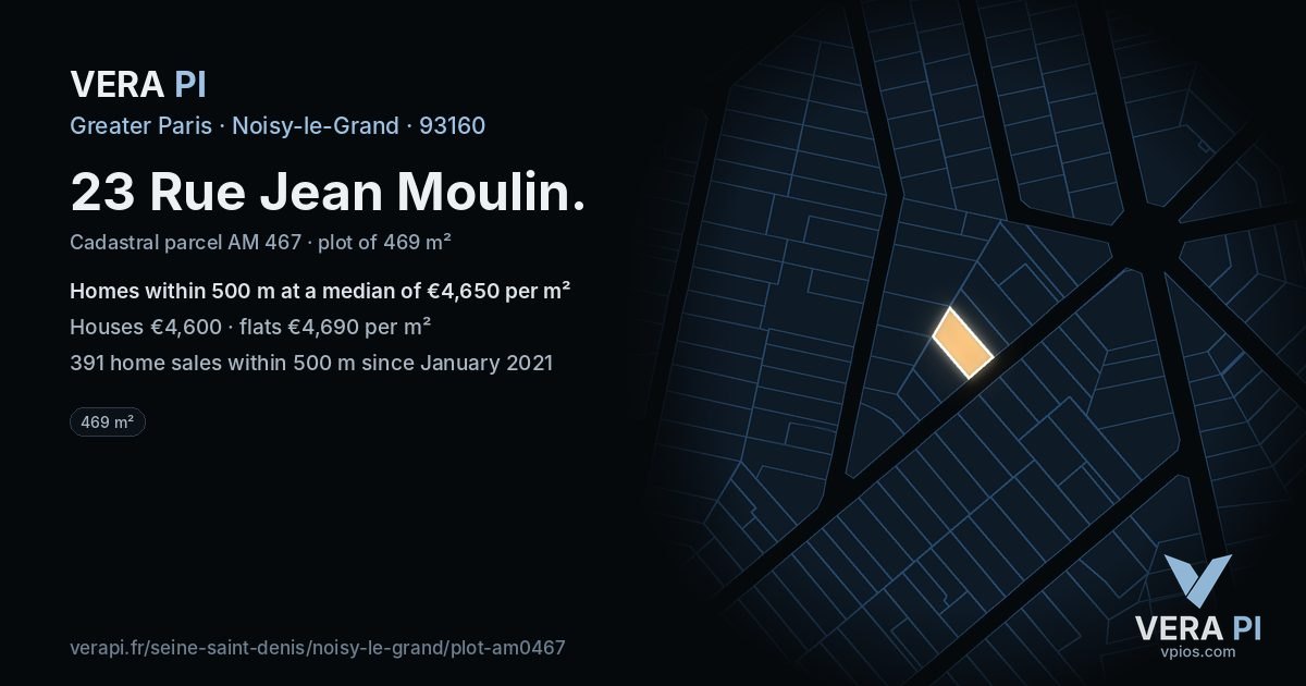 23 Rue Jean Moulin, Noisy-le-Grand at night – the plot lit, the parcels around coloured by the prices near them