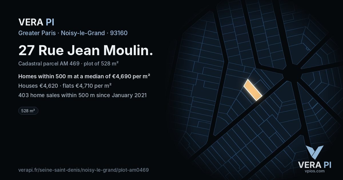 27 Rue Jean Moulin, Noisy-le-Grand at night – the plot lit, the parcels around coloured by the prices near them