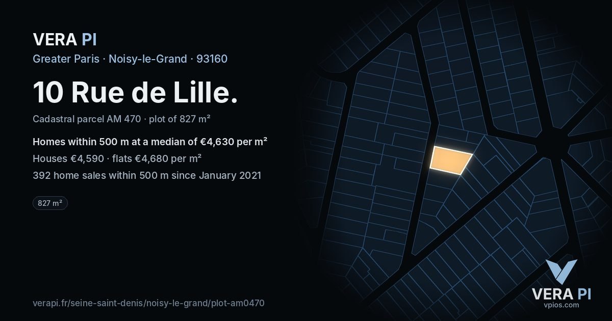 10 Rue de Lille, Noisy-le-Grand at night – the plot lit, the parcels around coloured by the prices near them