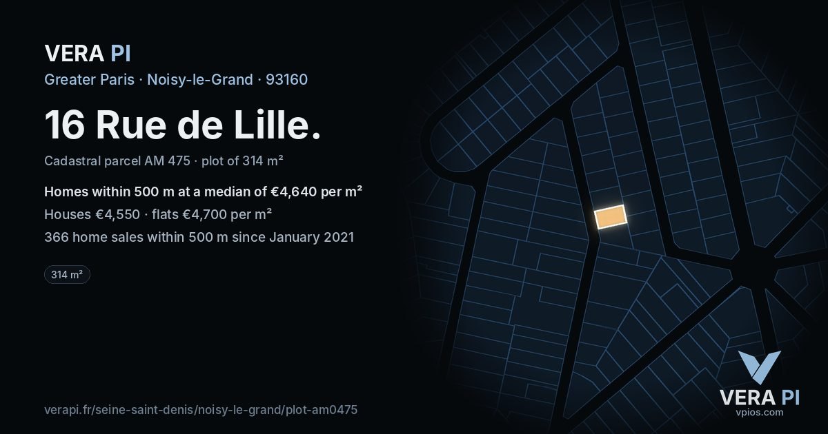 16 Rue de Lille, Noisy-le-Grand at night – the plot lit, the parcels around coloured by the prices near them