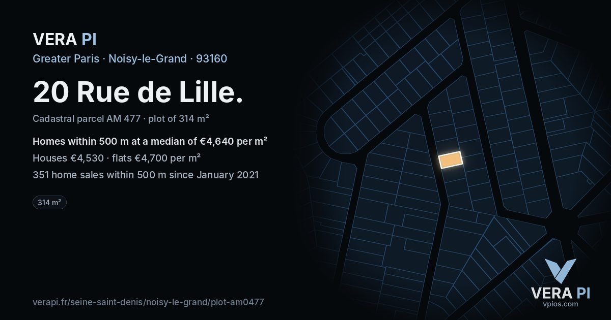 20 Rue de Lille, Noisy-le-Grand at night – the plot lit, the parcels around coloured by the prices near them