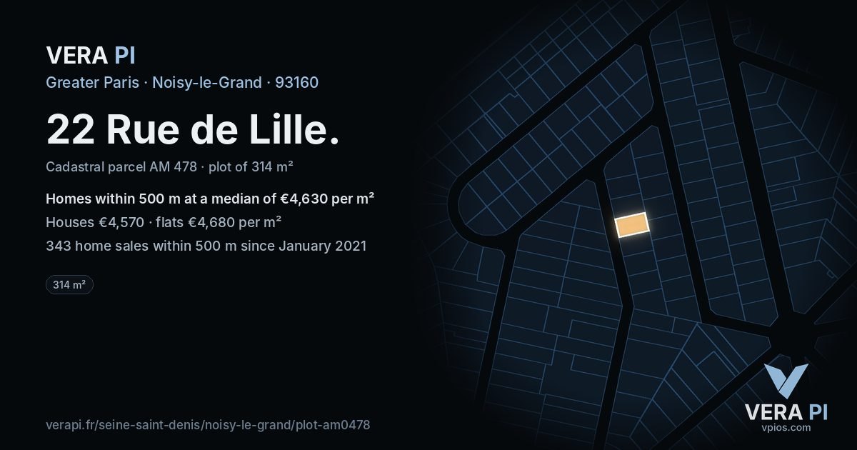 22 Rue de Lille, Noisy-le-Grand at night – the plot lit, the parcels around coloured by the prices near them