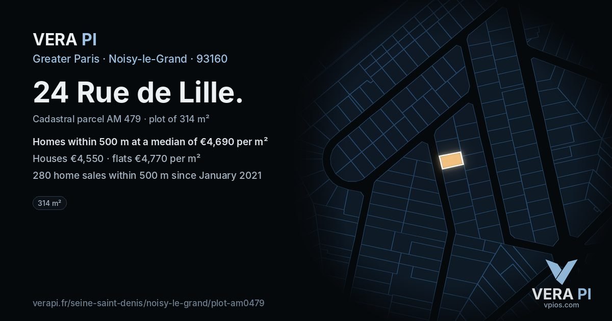 24 Rue de Lille, Noisy-le-Grand at night – the plot lit, the parcels around coloured by the prices near them