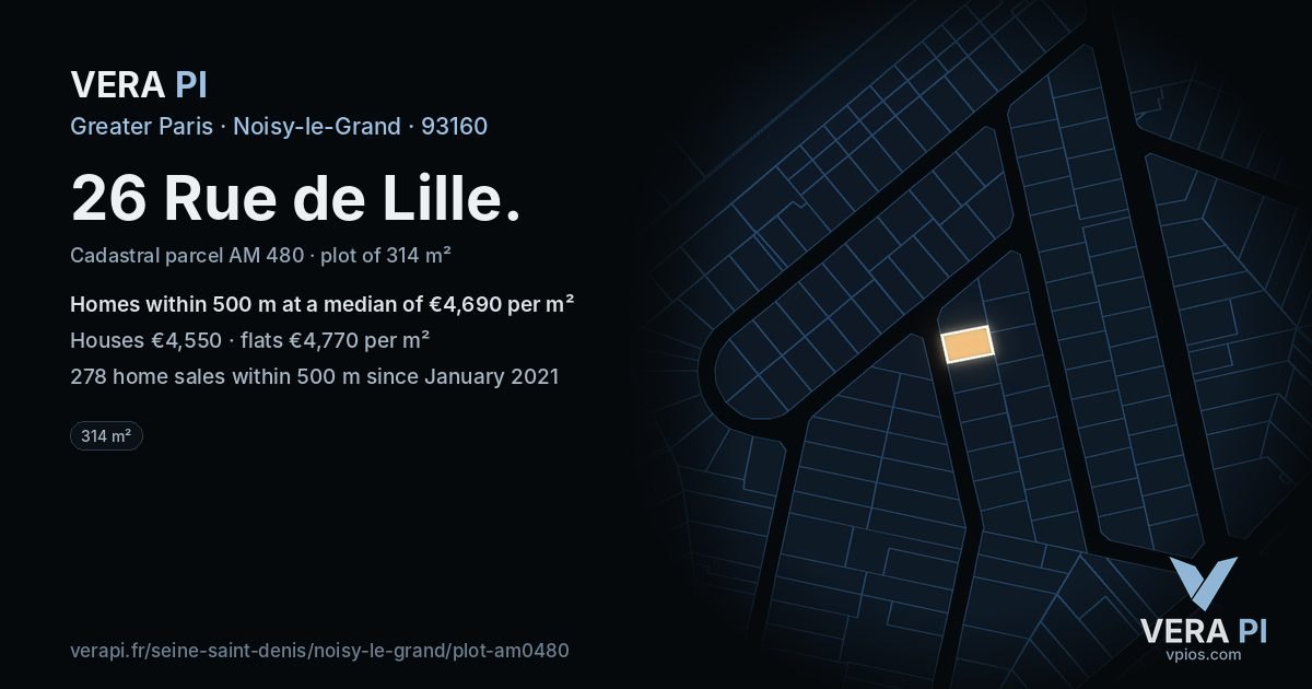 26 Rue de Lille, Noisy-le-Grand at night – the plot lit, the parcels around coloured by the prices near them