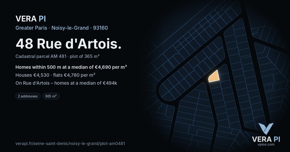 48 Rue d'Artois, Noisy-le-Grand at night – the plot lit, the parcels around coloured by the prices near them