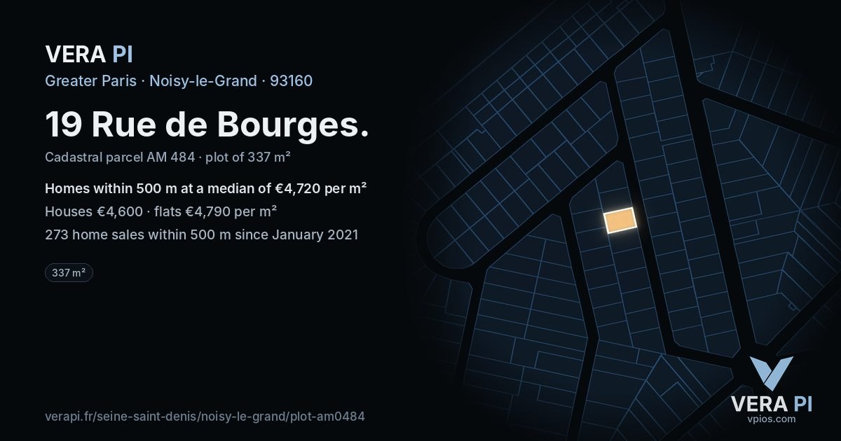 19 Rue de Bourges, Noisy-le-Grand at night – the plot lit, the parcels around coloured by the prices near them