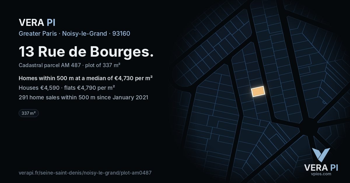 13 Rue de Bourges, Noisy-le-Grand at night – the plot lit, the parcels around coloured by the prices near them
