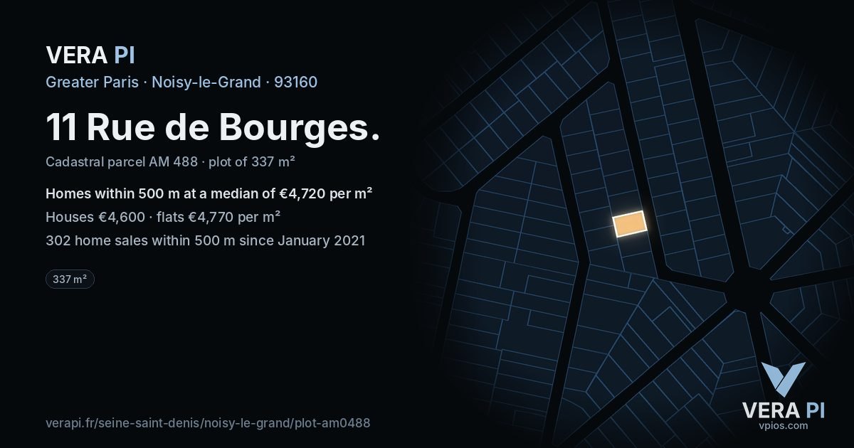 11 Rue de Bourges, Noisy-le-Grand at night – the plot lit, the parcels around coloured by the prices near them