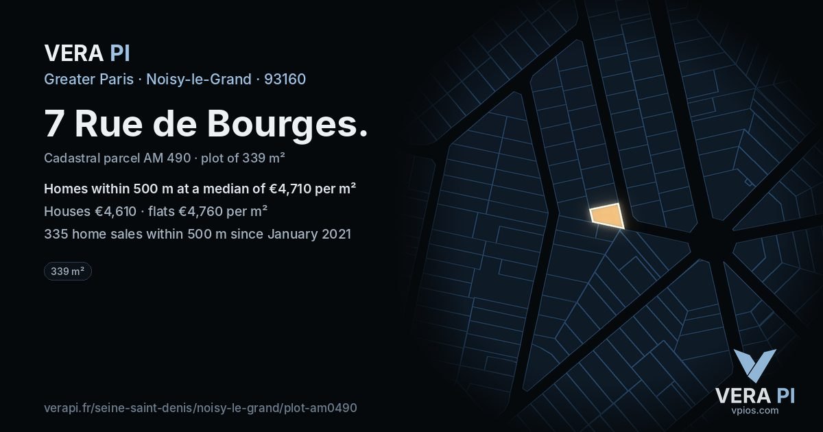 7 Rue de Bourges, Noisy-le-Grand at night – the plot lit, the parcels around coloured by the prices near them