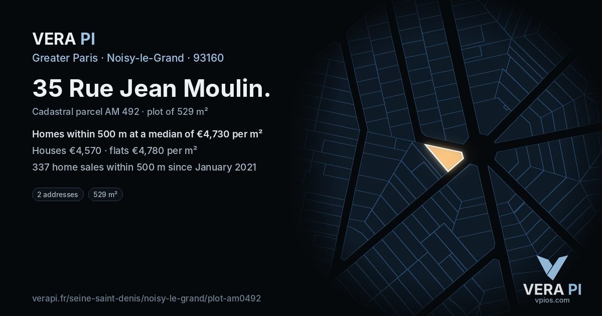 35 Rue Jean Moulin, Noisy-le-Grand at night – the plot lit, the parcels around coloured by the prices near them