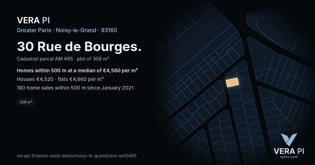 30 Rue de Bourges, Noisy-le-Grand at night – the plot lit, the parcels around coloured by the prices near them