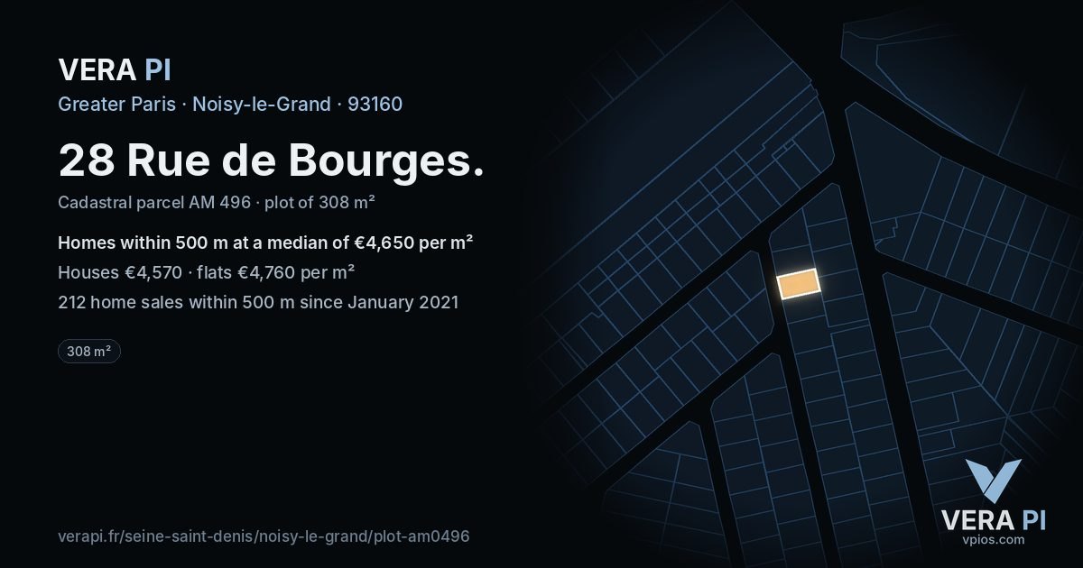 28 Rue de Bourges, Noisy-le-Grand at night – the plot lit, the parcels around coloured by the prices near them