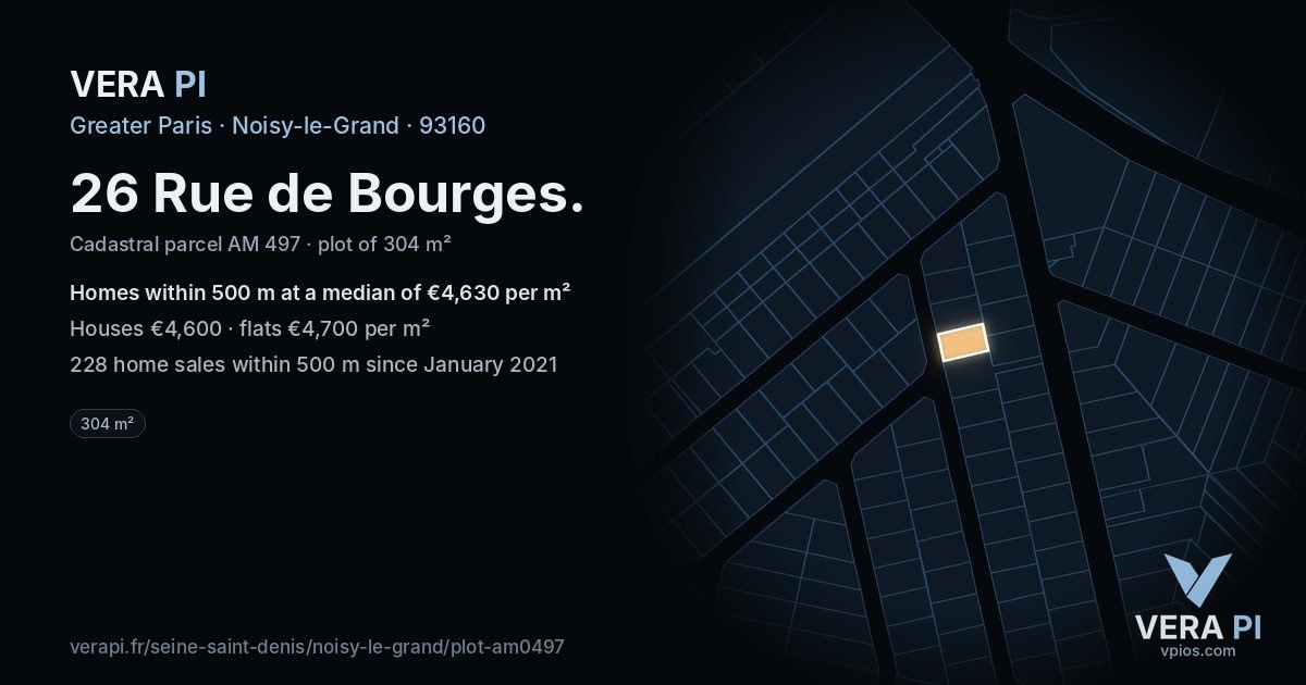 26 Rue de Bourges, Noisy-le-Grand at night – the plot lit, the parcels around coloured by the prices near them
