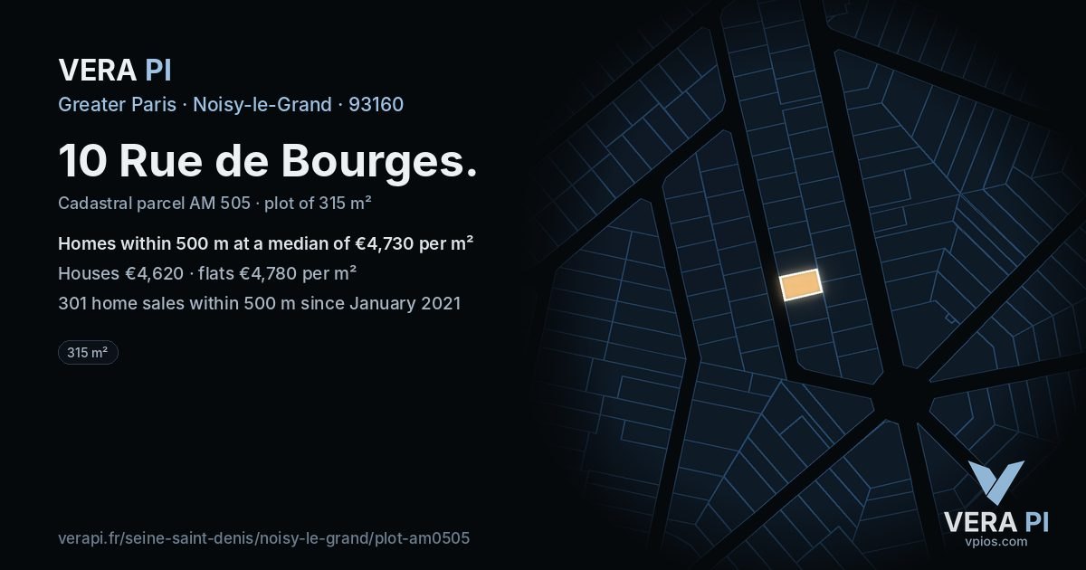 10 Rue de Bourges, Noisy-le-Grand at night – the plot lit, the parcels around coloured by the prices near them