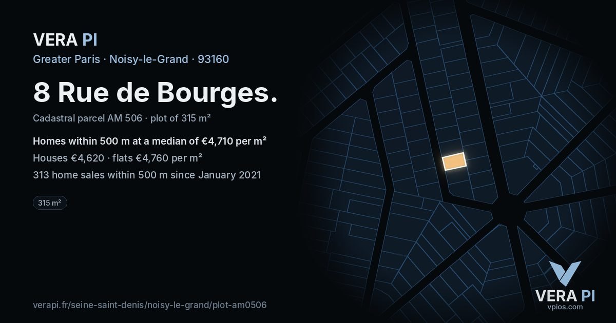 8 Rue de Bourges, Noisy-le-Grand at night – the plot lit, the parcels around coloured by the prices near them