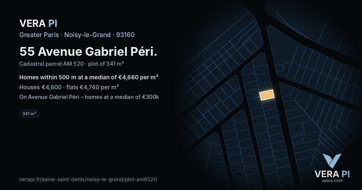 55 Avenue Gabriel Péri, Noisy-le-Grand at night – the plot lit, the parcels around coloured by the prices near them